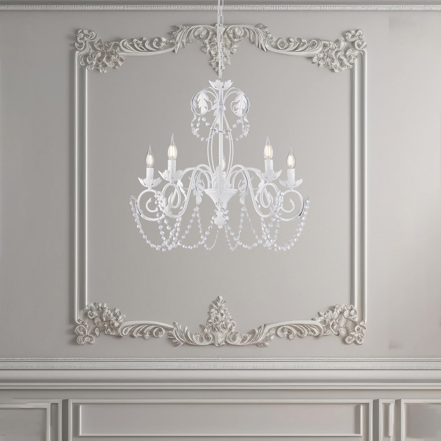 Lampadario Shabby 5 Luci Ferro Battuto Bianco E Cristalli