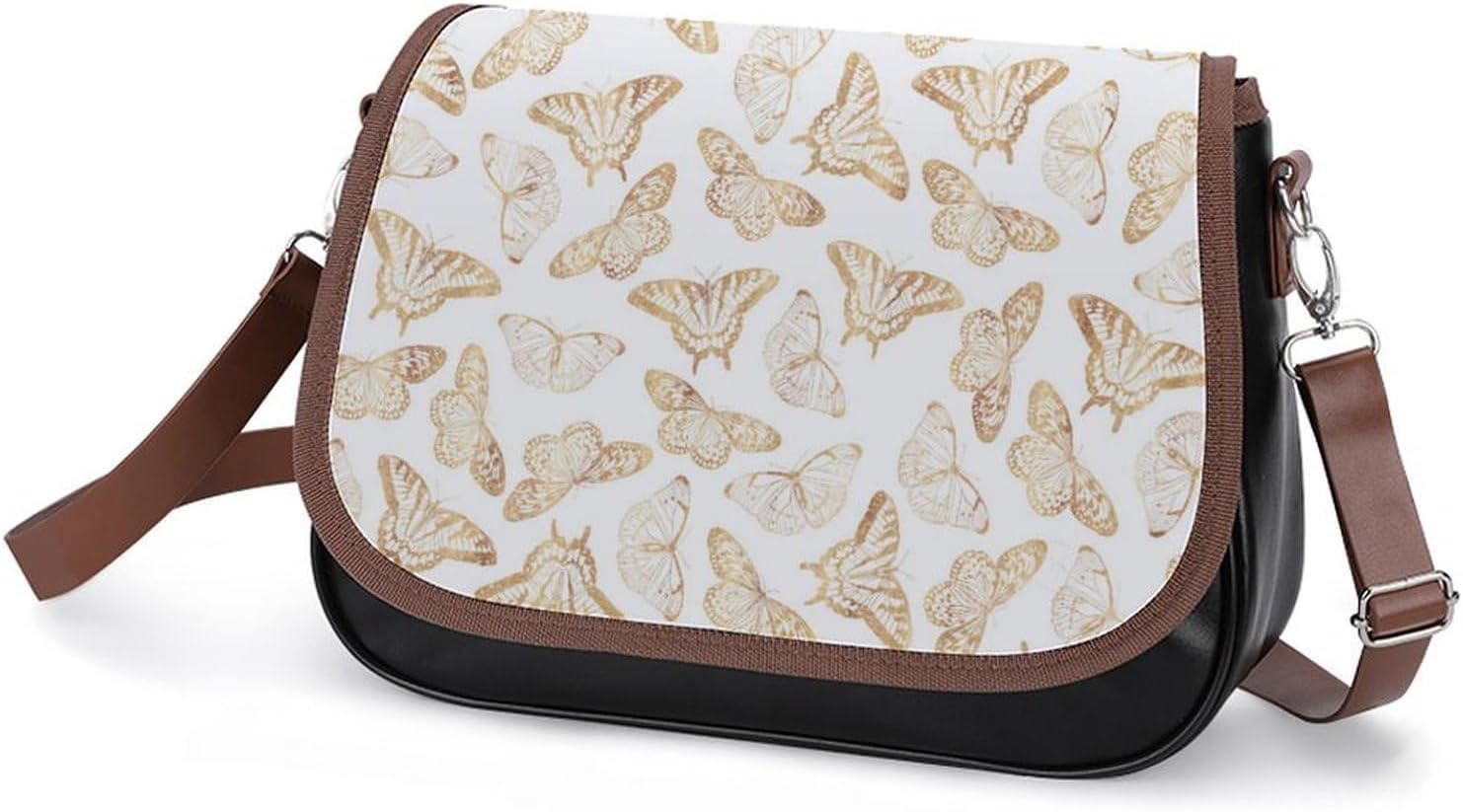 Gold Glitter ButterflyWomen's Faux Leather Crossbody Bag, Waterproof Wrinkle-Resistant Shoulder Bag with Detachable Strap, Large Capacity Casual Handbag, Fashion Daily Purse for Shopping Work Dating,