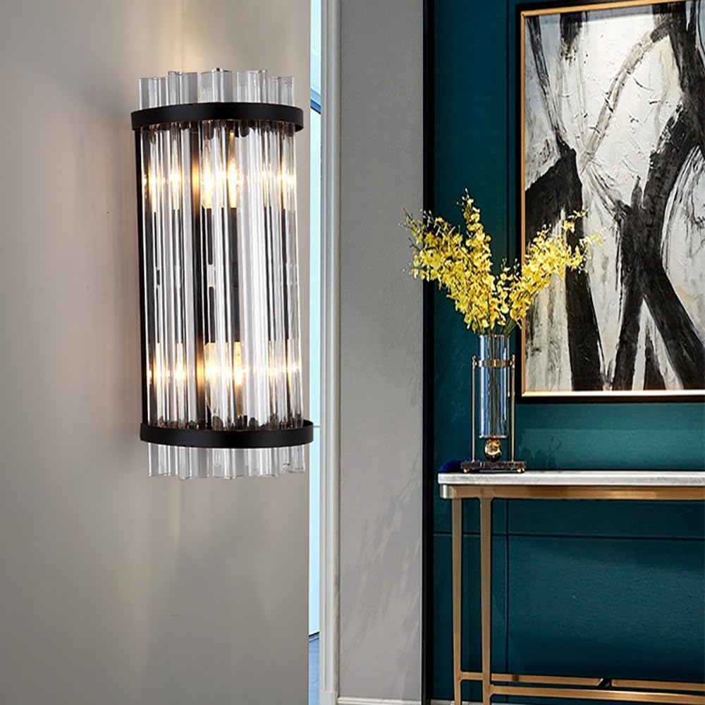 14 inch Crystal Wall Light Fixture, Modern Luxury Bathroom Vanity Mirror Light Wall Lamp Sconce for Bedroom Living Room Dining Room Wall Flush Mount Indoor Lighting, Black Included Bulb