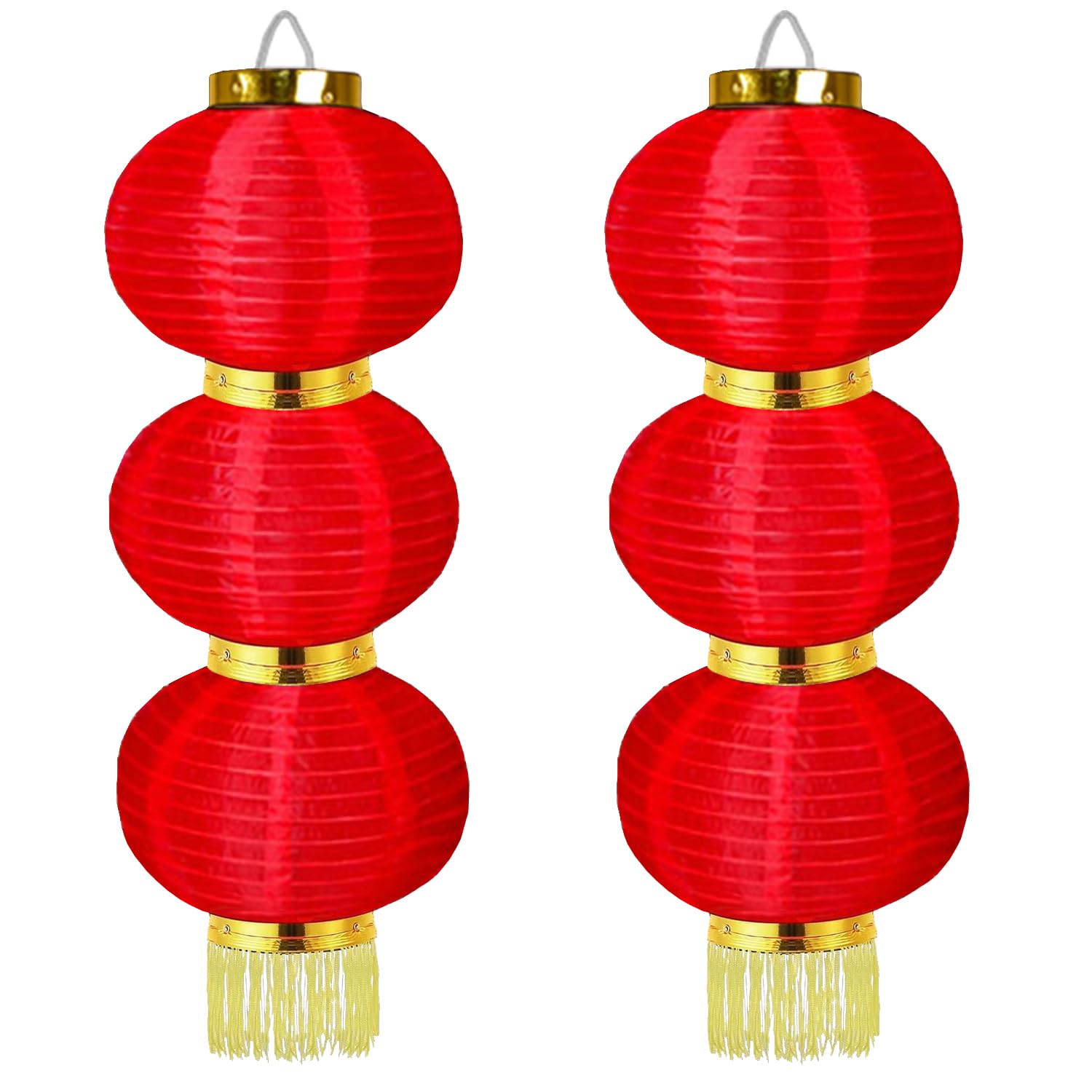 Lunar New Year Decorations - Red Fabric Lanterns for Chinese New Year, Spring Festival, Mid Autumn Festival (Red, 3 Strings)