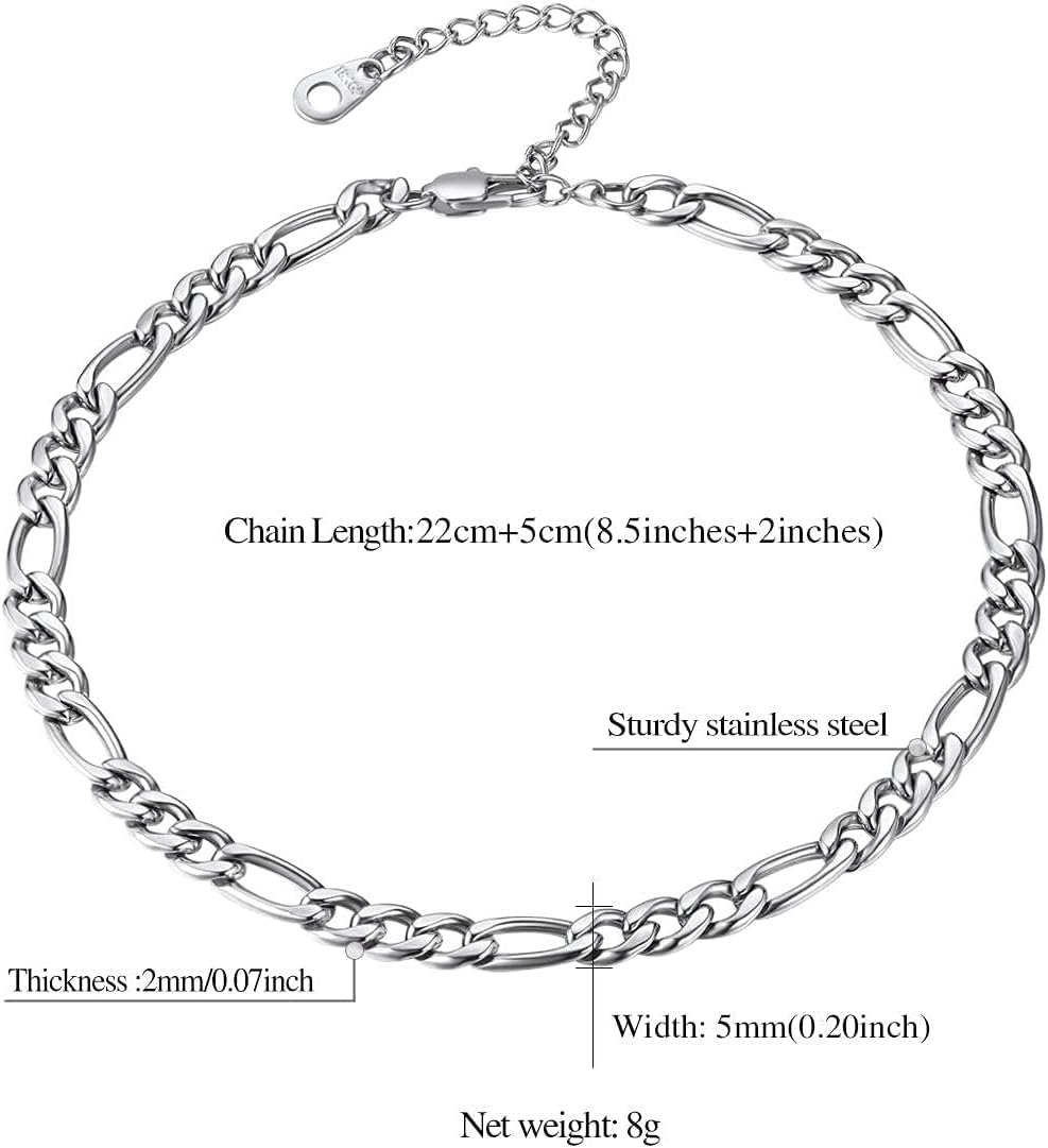 FindChic Stainless Steel Ankle Bracelets for Women, Waterproof Figaro/Cuban/Box/Beaded Chain Anklets, Summer Beach Foot Jewelry, 8.5''-10.5'' Adjustable Length, with Gift Box