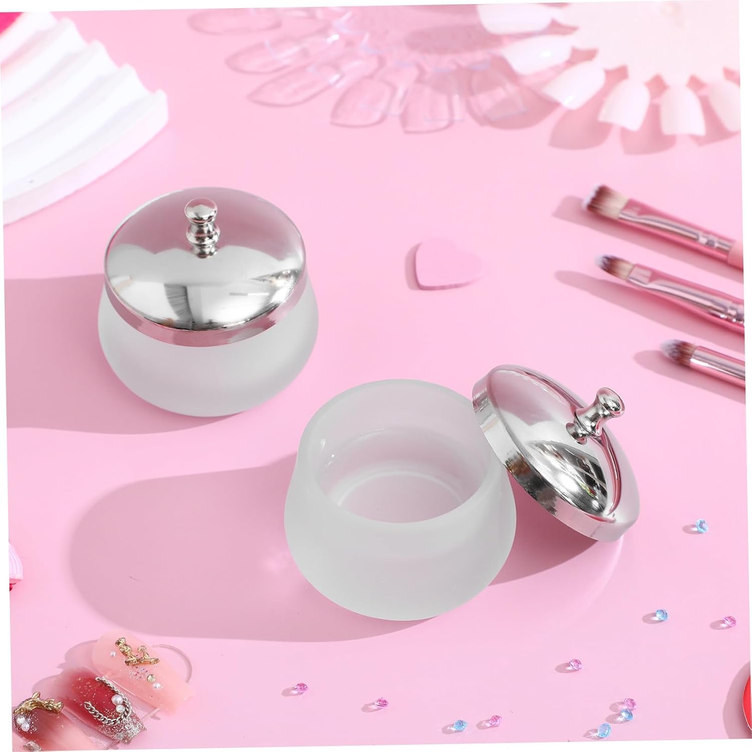 Kisangel Nail Polish Remover Cup with Stainless Steel Lid 2pcs Frosted Glass Lightweight and Portable round Manicure Cleaning Cup and Varnish Removal for Nail Art