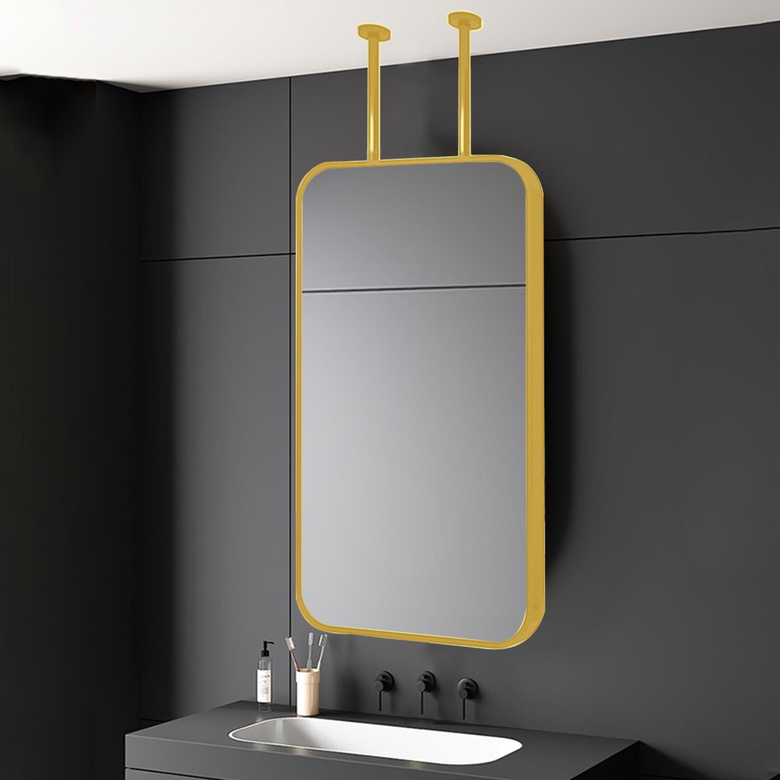 FGXHHS Gold Hanging Metal Rod Mirror, Frame and Ceiling Floating Boom Mirror for Bathroom Living Room Wall Rounded Rectangle Mirror(Customizable Boom)(40cmx70cm)