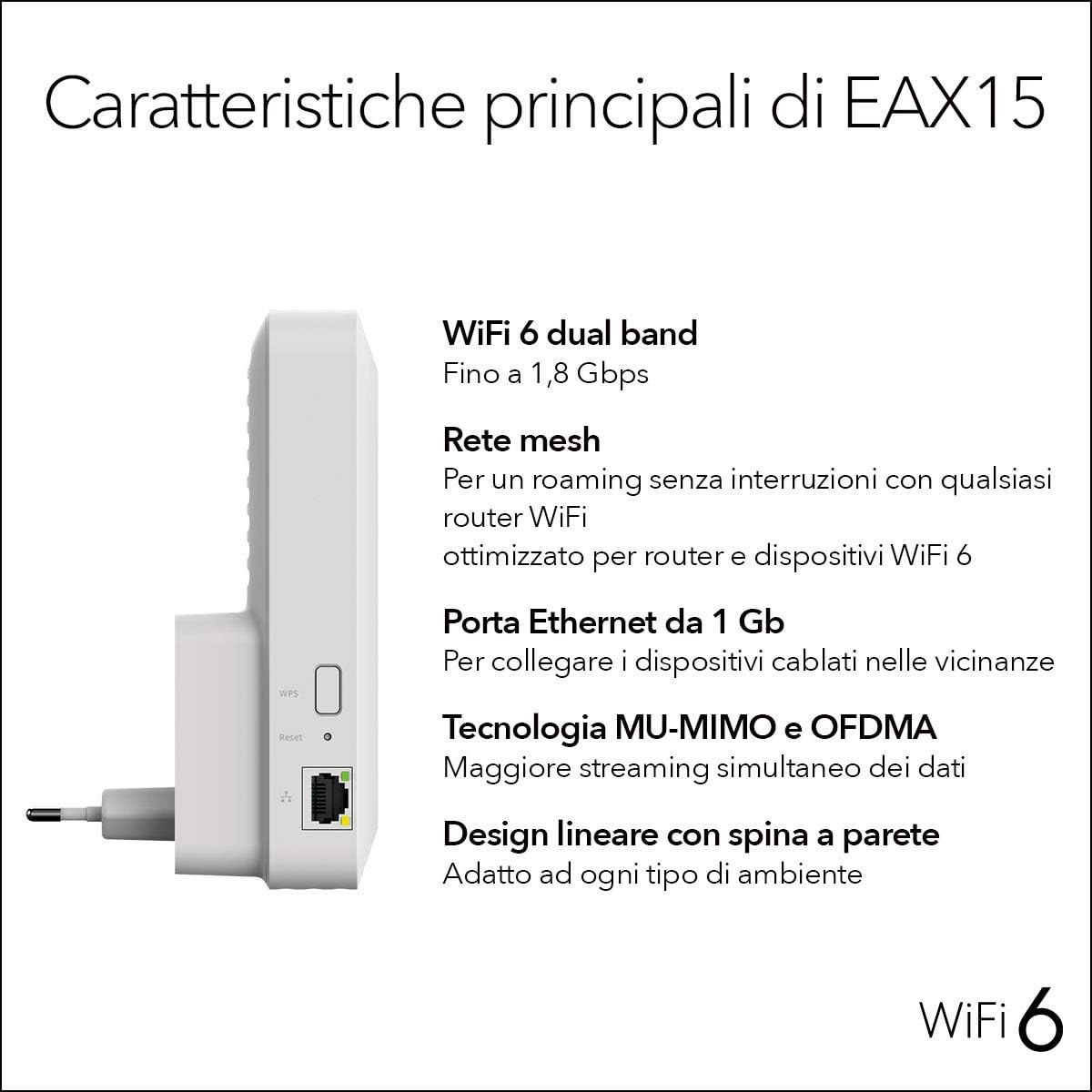 NETGEAR Ripetitore Mesh in Wifi 6 EAX15, amplificatore di segnale wireless AX1800, copertura fino a 100 m2 e 4 stream, porta lan 1G, Bianco 1.8 Gbps - Immagine 5