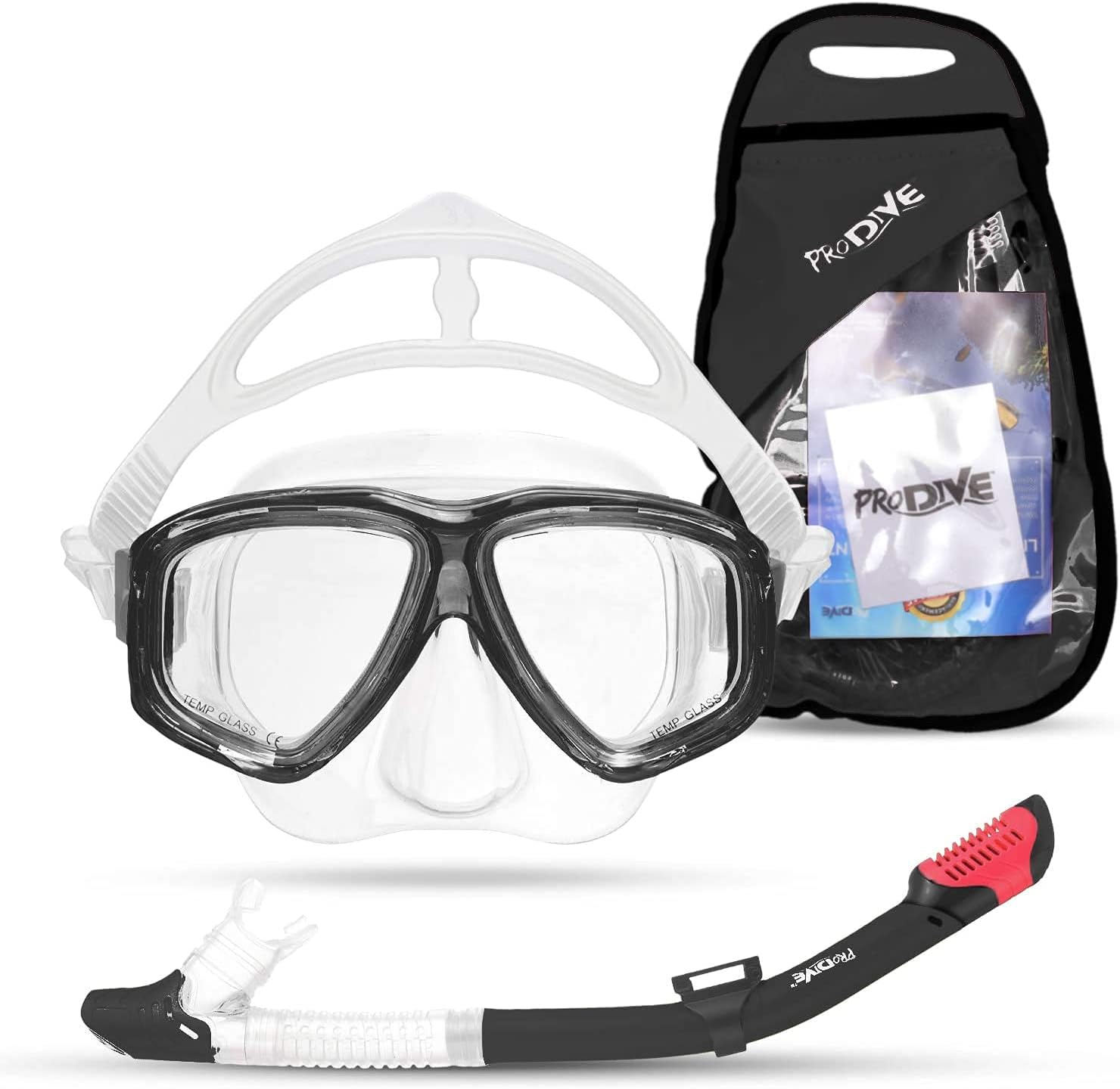 PRODIVE Premium Dry Top Snorkel Set - Impact Resistant Tempered Glass Diving Mask,Watertight and Anti-Fog Lens for Best Vision, Easy Adjustable Strap, Waterproof Gear Bag Included