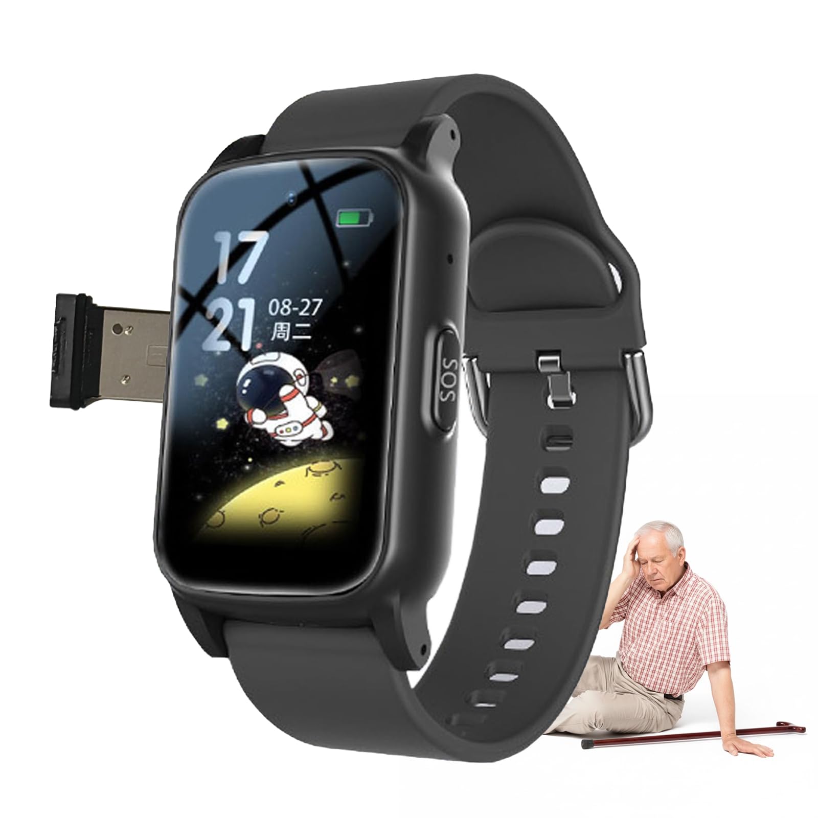 Reloj Inteligente para Ancianos con Rastreador GPS Preciso, con Detección De Caídas Smartwatch, Botón SOS Smartwatch, con Letras Grandes, para AlzheimerBlack,1.25 * 0.57 * 2.22inch