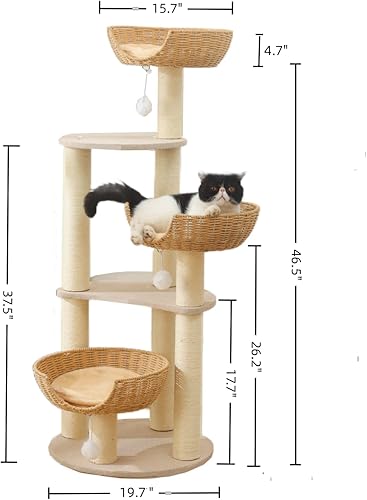 Vista 31 de SHENGOCASE Torre de árbol para gatos con cesta de mimbre de ratán, 3 cestas nido grandes tejidas a mano, percha de ventana para gatos grandes