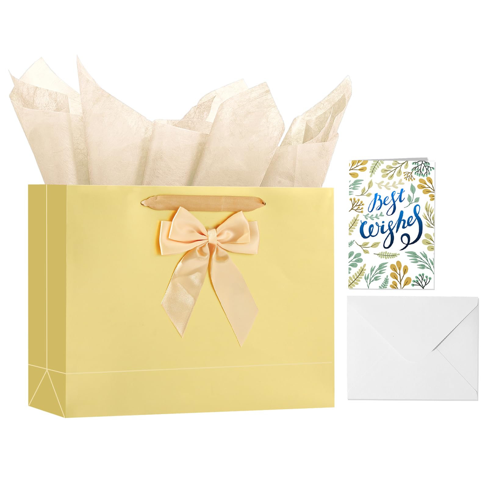 Birthday Gift Bag with Tissue Paper and Card(1 PCS Bright Gold, 13") | Birthday Gift Bag Set - 1 Gift Bag with Bow, 2 Tissues & Greeting Card for Men Women,Gift Bags Medium size Bright Gold 1 Pack