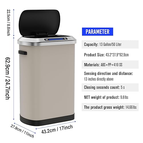 Miniatura 3 de Basurero de cocina de 13 galones con tapa de sensor de movimiento, cubo de basura automático inteligente de acero inoxidable de 50 litros sin