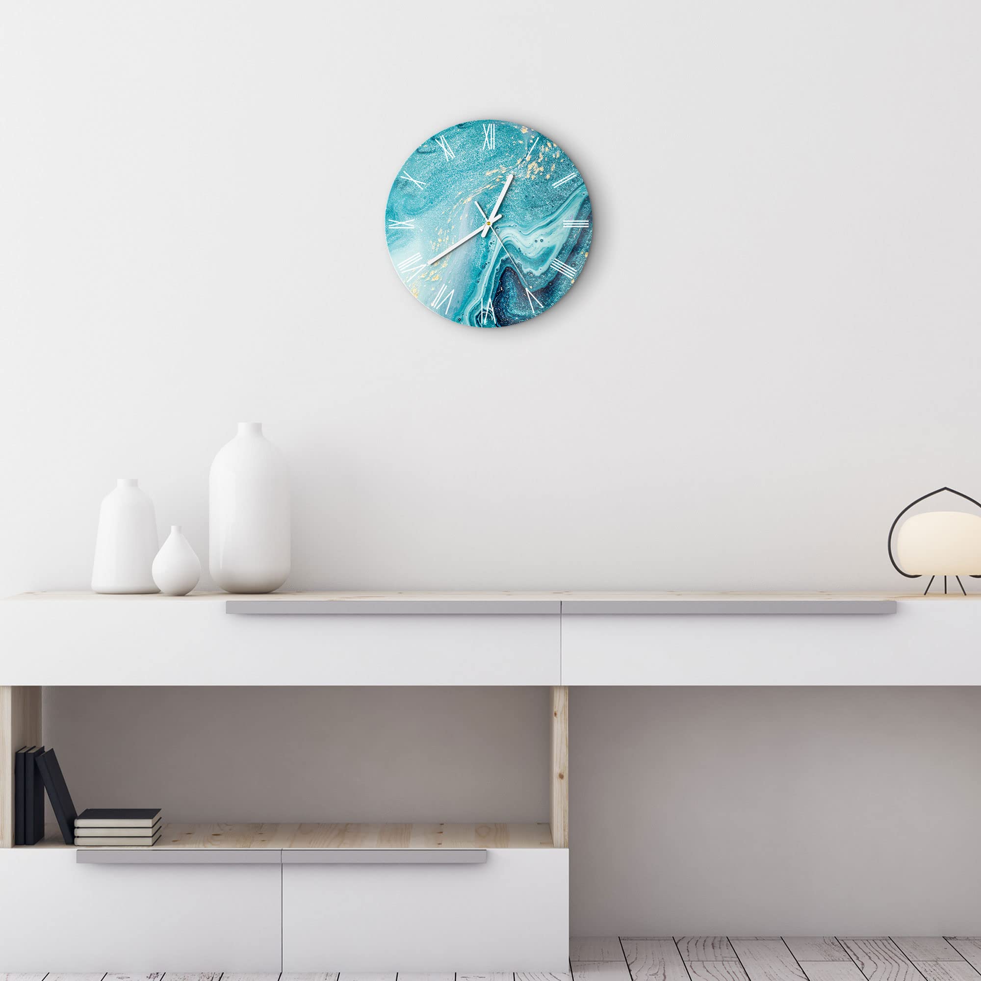 DEQORI Orologio in vetro | rotondo Ø 30 cm | Motivo Mare di Marmo | Orologio da design in vetro insolito e silenzioso | Orologio da parete per soggiorno e cucina | Orologio moderno e accattivante per