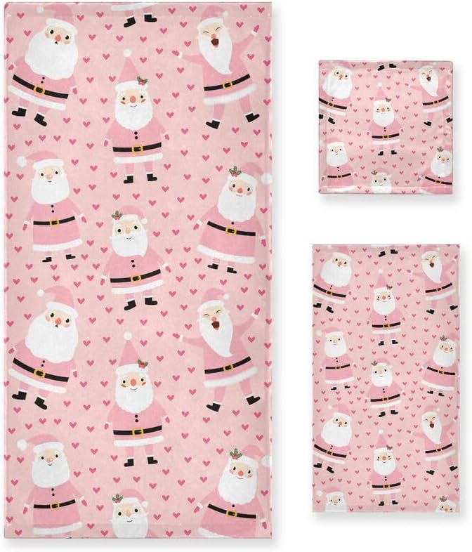 QUGRL Juego de 3 toallas de baño con diseño de Papá Noel rosa, súper suaves, de lujo, decorativas, de algodón, para baño, cocina, hotel, playa,