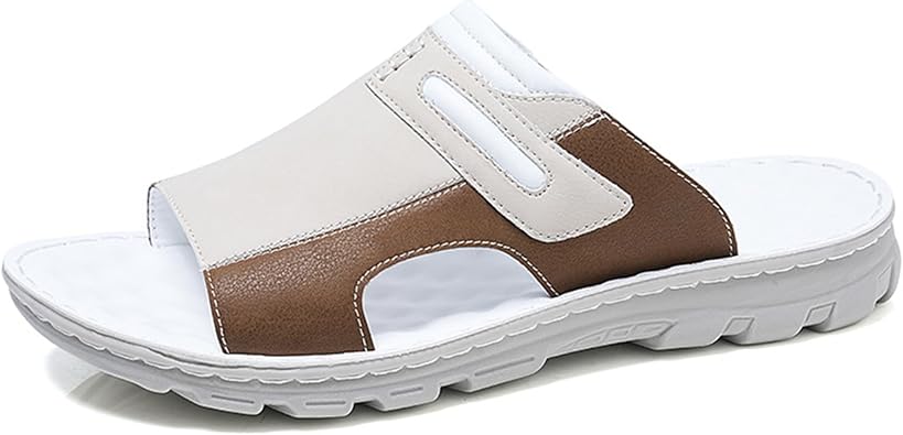 Mens Leather Slides Open Toe Outdoor Slippers Comfort Retro Casual Flip Flops Summer Fisherman Slip On Sandals for Men