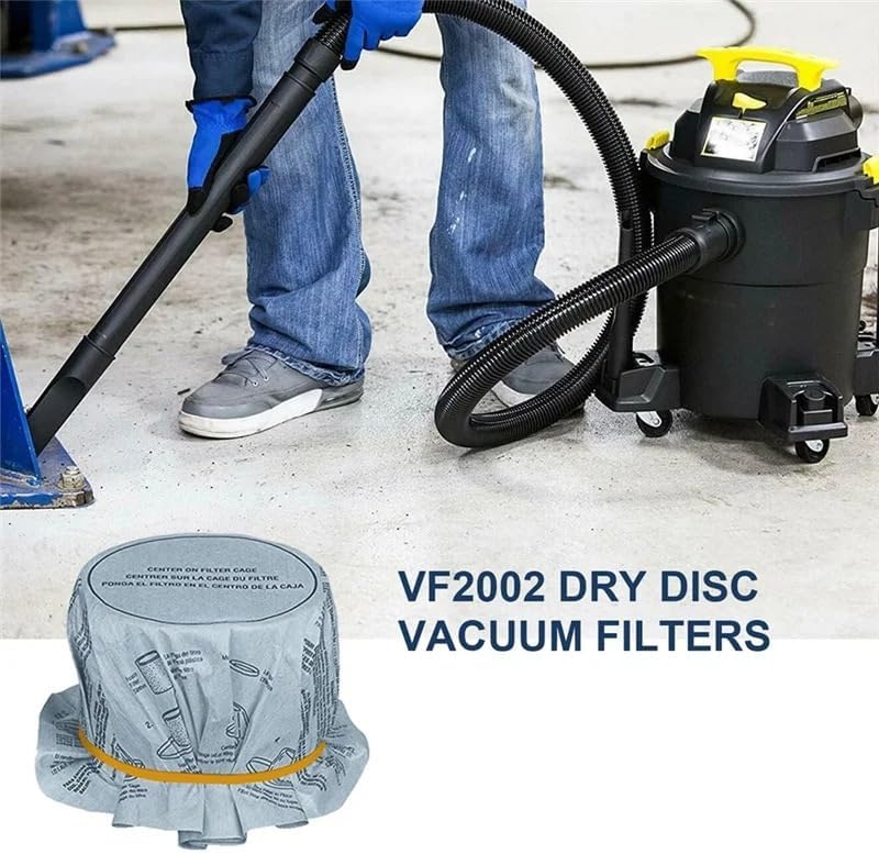 A person using a wet/dry vacuum cleaner with the LOKLNEYK filter package visible in the foreground.