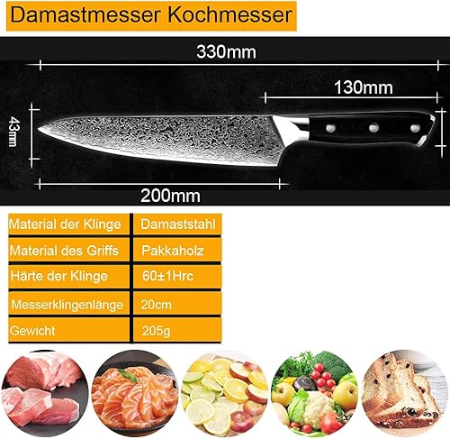 Miniatura 7 de Damasco - Juego de 2 cuchillos de cocina, cuchillo japonés VG-10 de acero inoxidable de 67 capas, cuchillo de chef japonés de 8 pulgadas, cuchillo
