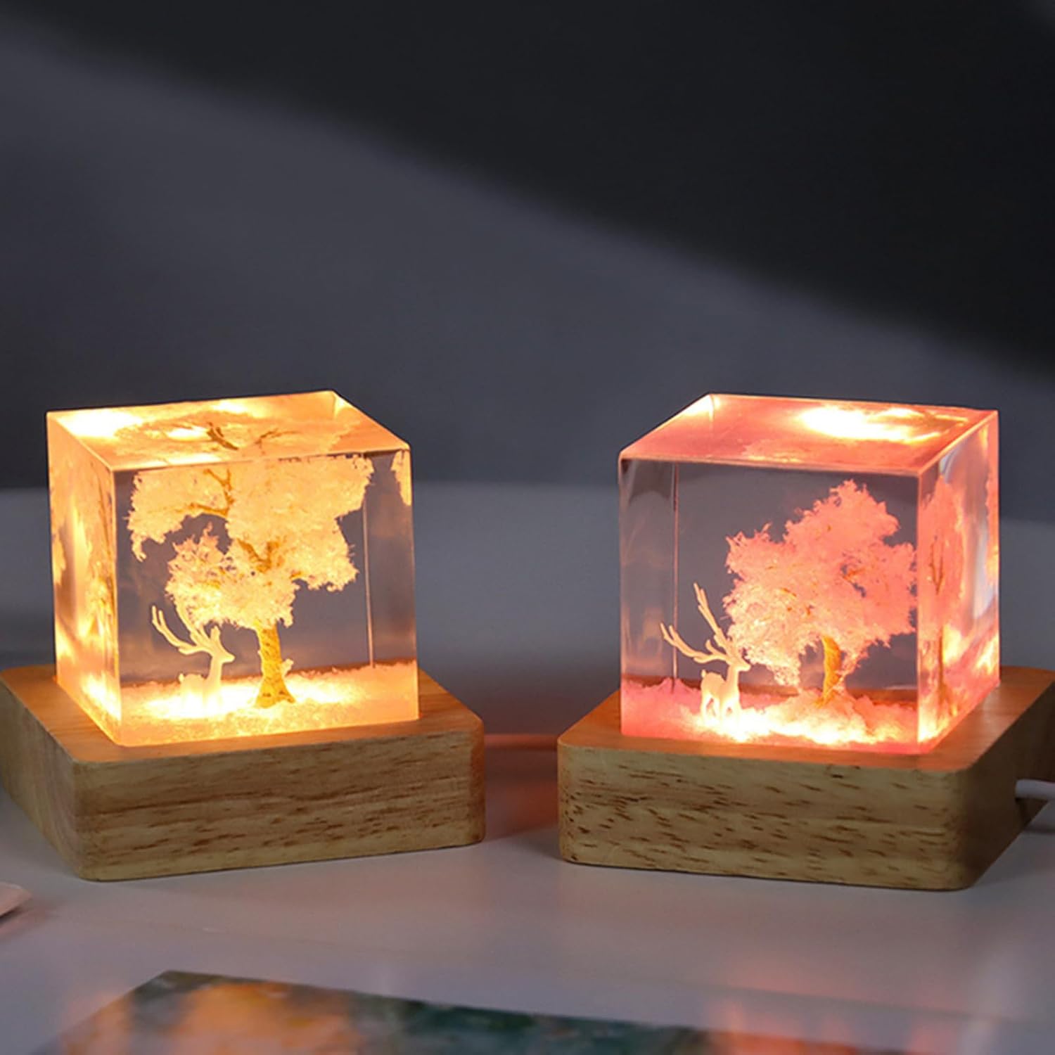 Drawelry Epoxy Resin Multicolor Light Lamp, Handmade Deer Sakura Tree Resin Night Light Decor Wood Base, Mushroom Cloud Volcano Lamp Christmas Tree Gift for Friend Family (Deer Sakura Tree-1)