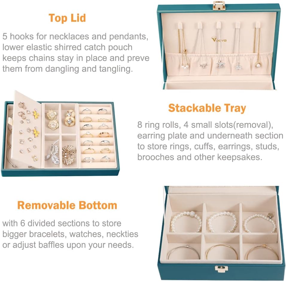 Voova Jewelry Box Organizer for Women Girls, 2 Layer Large Men Jewelry Storage Case, PU Leather Display Jewellery Holder with Removable Tray for Necklace Earrings Rings Bracelets, Indigo