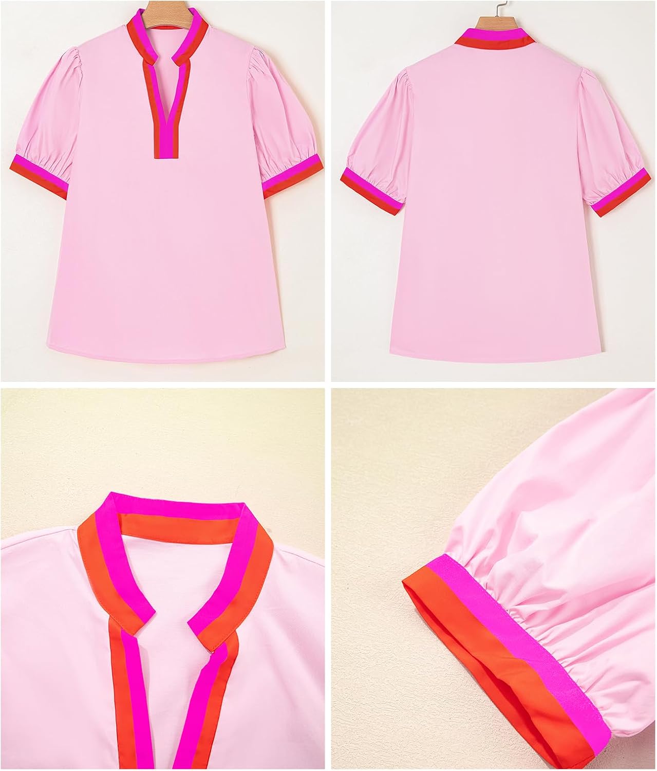 whoinshop Womens Striped Tops 2025 Short Puff Sleeve Shirt V Neck Cute Casual Loose Blouse - Image 4