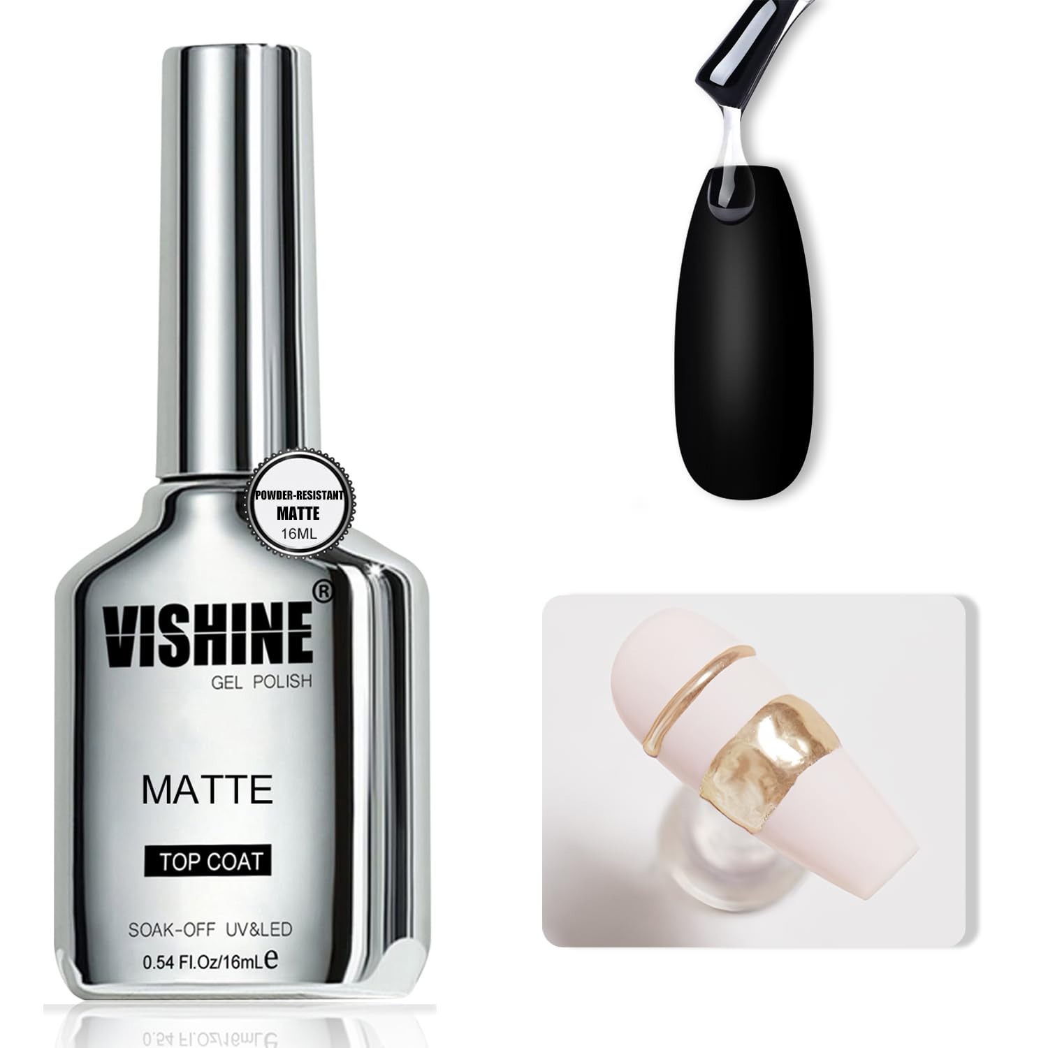 Vishine Matte Gel Top Coat, 16ml Powder-Resistant No Wipe for Chrome Powder Painting Art Matte Finish Long-Lasting UV Gel Nail Polish for Salon & DIY Nail Art