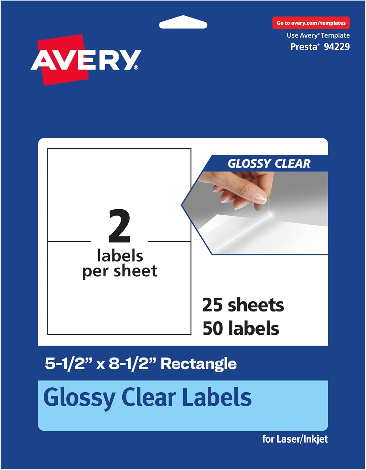 Avery Glossy Clear Rectangle Labels, 5.5" x 8.5" Clear Stickers, 50 Total, Laser/Inkjet Printable, Great for Product Merchandising, Weddings, and Mailing