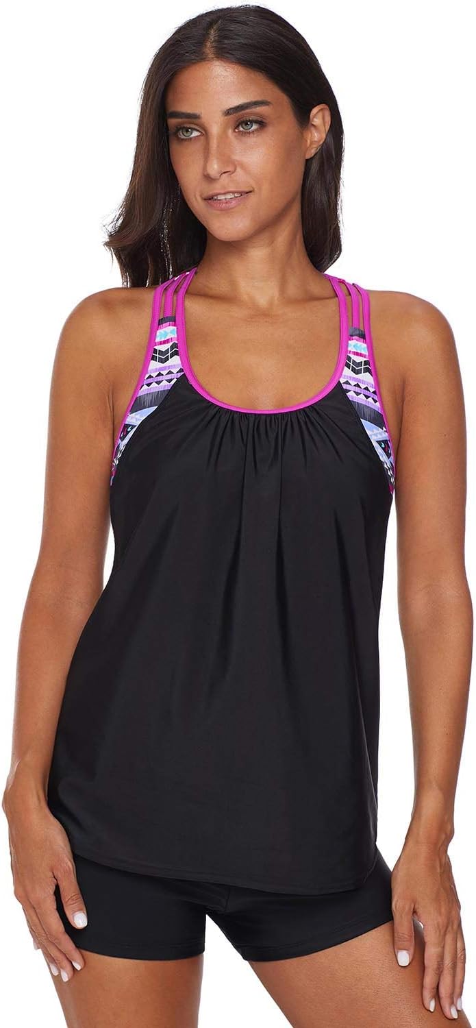 Womens Tankini Swimsuits Double Up Blouson Tankini T-Back Tops Athletic Bathing Suits Two Piece Swimwear