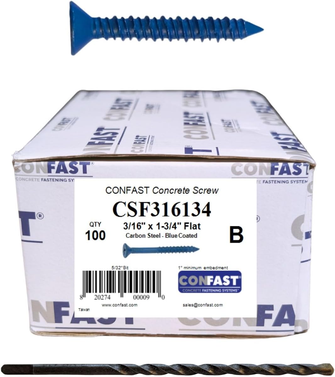 CONFAST 3/16" x 1-3/4" Blue Flat Phillips Concrete Screw Anchor with Drill Bit for Anchoring to Masonry, Block or Brick (100 per Box)