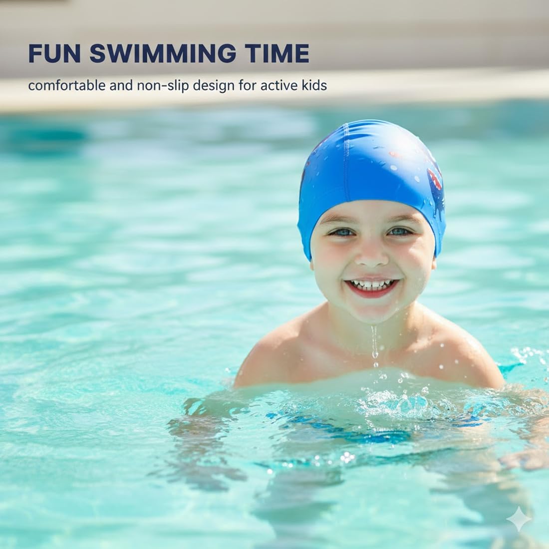 Gorro de Piscina para Niños 4-10 Años, Gorro de Natación Niño y Niña con Diseño de Tiburón Azul Claro, Ajuste Cómodo y Resistente al Agua para Entrenamiento y Competición