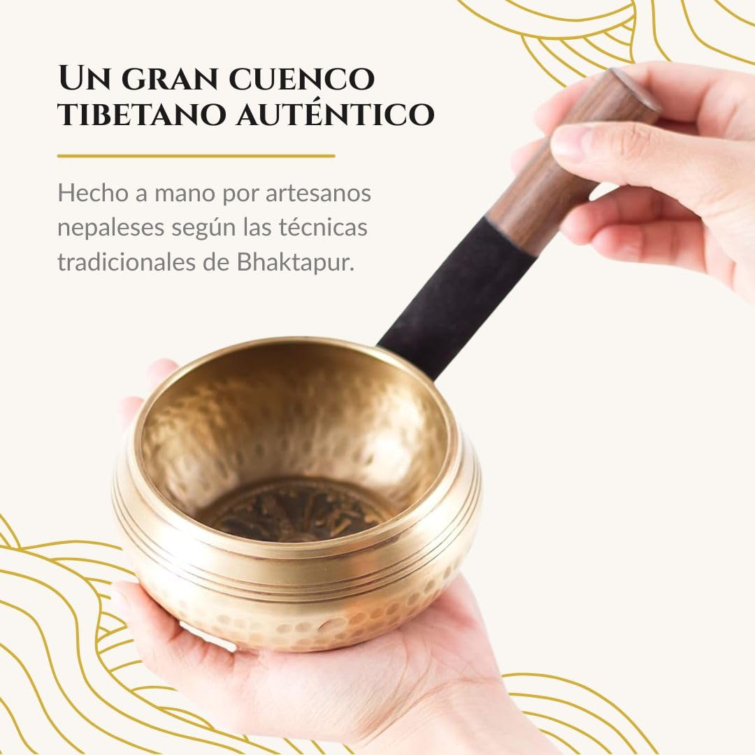 Cuenco tibetano de meditación hecho a mano en la ciudad nepalí de Bhaktapur | 450 g – 11,5 cm de diámetro | + Caja en papel nepalí con cojín | + Cuenco | + Mazo de madera