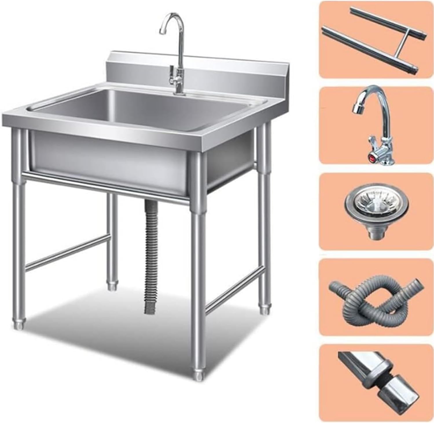 304 Stainless Steel Sink, Commercial Kitchen Sink, Utility Washing Hand Basin with Cold Faucet, Laundry Tub for Washing Room,Silver-60x60x80cm