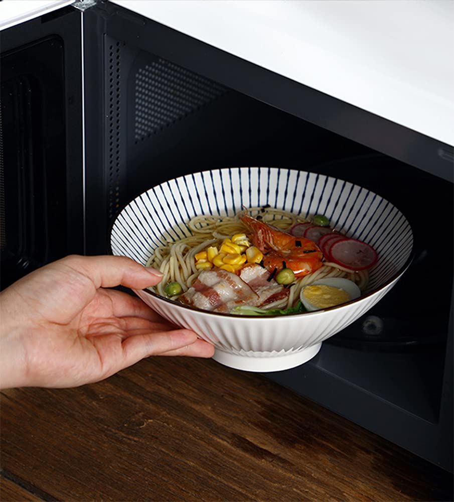 Qinlang Juego de 4 cuencos de ramen japoneses de 38 onzas, cuencos de sopa, cuencos pho, cuencos de fideos, cuencos de cerámica azul y blanco, 8 pulgadas