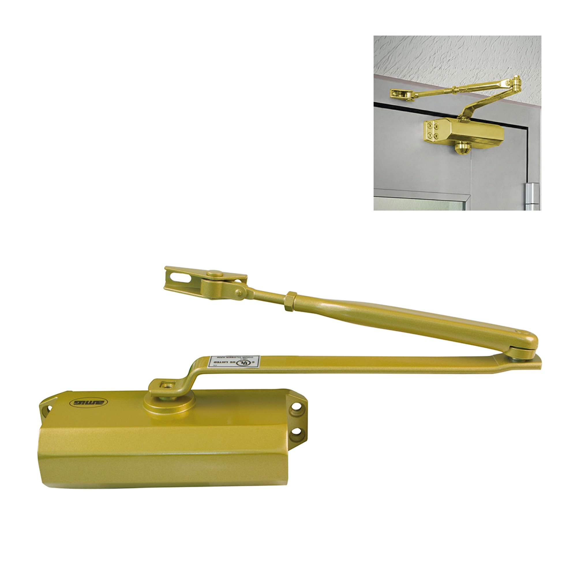 Amig - Cierrapuertas para Cierre Automático de Puertas de Peso Max 40 kg, Ancho Max 85 cm - De Aluminio con Acabado Dorado Mate - Evita Accidentes por Portazos o Corrientes de Aire, Incluye Tornillos