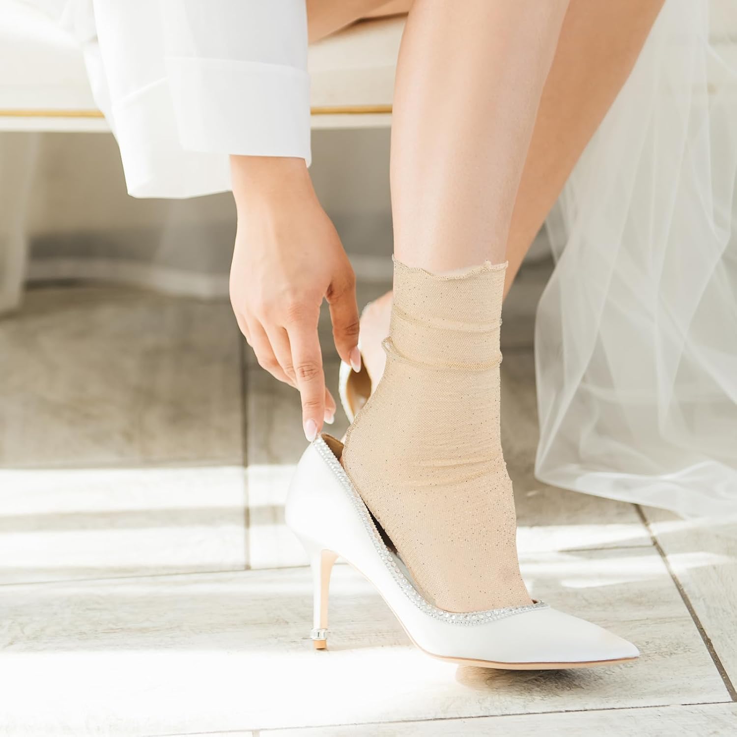 JIEYAO 3 Pairs Women's Sheer Glitter Socks, Slouch Tulle Decorated Socks with Sparkly Mesh Lace, Ankle Ruffle Socks, Sheer Loose Crew Socks, Shiny Slouch Socks for Women - Image 3