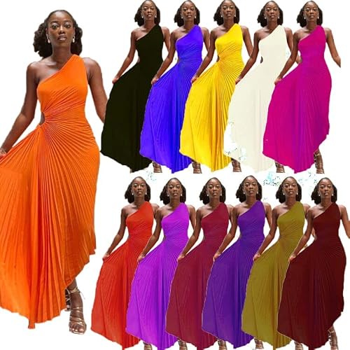 Jiiaxline 2023 Women's Slim One Shoulder Hollowed Out Pleated Dress Dress（Orange-Red-S #TOP5