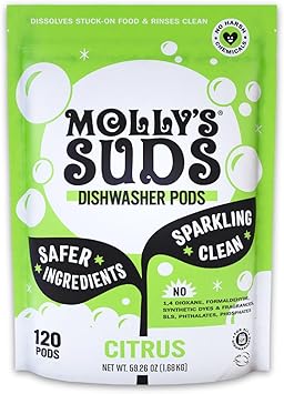 Mollys Suds Dishwasher Pods | Clean Dishwasher Detergent, Cuts Grease & Rinses Clean Residue-Free for Sparkling Dishes | 120 Auto-Release Tabs Citrus