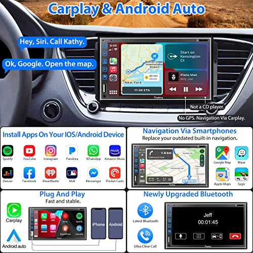 Double Din Car Stereo With Voice Control Carplay, Android Auto, Bluetooth, 7 Inch Full Hd Touchscreen Car Radio With Mirror Link, Subwoofer, Steering Wheel Control, Rear View Camera, Fm/Am #TOP1
