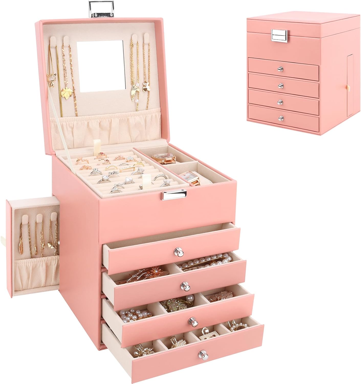 DesignSter Jewelry Organizer Box, 5 Layers Jewelry Box with side compartment, Large Leather Jewelry Storage Case With Mirror For Necklaces Earrings Rings Bracelets Watches (Pink)
