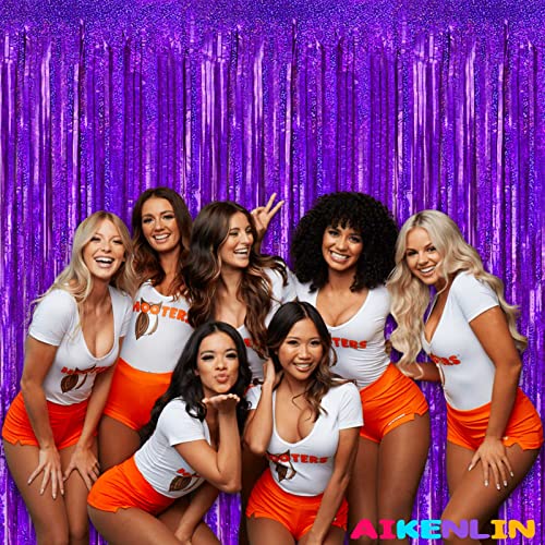 Image of 4 Pack 3.2Ft x 8.2Ft Purple Foil Fringe Curtain Backdrop, Metallic Tinsel Foil Fringe Streamers Curtains Background for Photo Booth, Birthday, Wedding, Disco, Bachelorette, Christmas Party Decoration