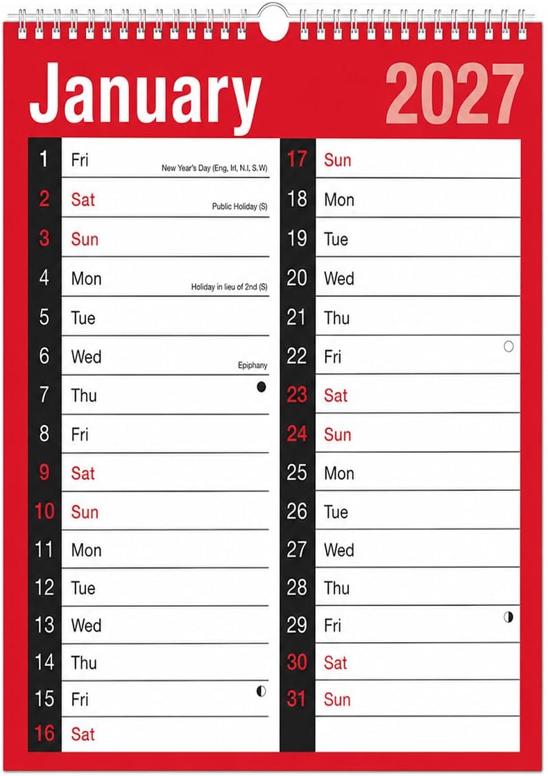 โ 2027 A4 Large Print Wall Calendar - 2 Column Month to View Spiral Bound Hanging Planner - Large Writing Spaces - Home Business Office School Family Organiser January-December 2027