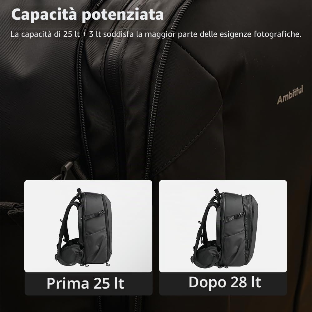 AMBITFUL Grande zaino per fotocamera DSLR/SLR, mirrorless, ergonomico, sospeso, professionale, zaino per fotografia all'aperto, impermeabile, con supporto per treppiede e scomparto per laptop, nero