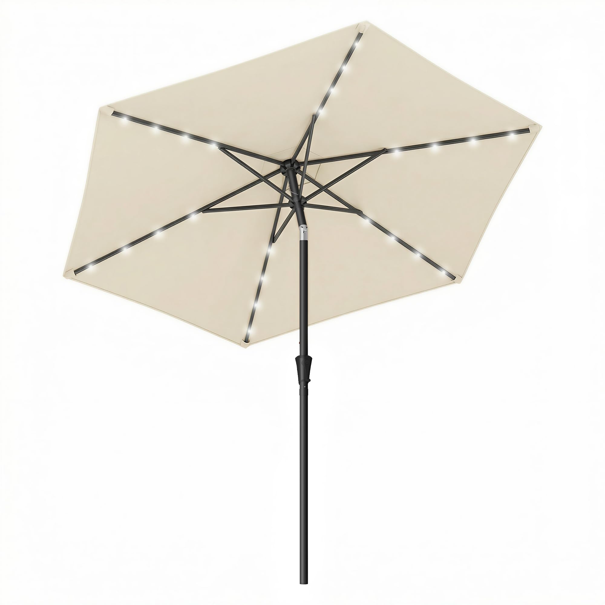 SONGMICS Sonnenschirm 270 cm mit LED-Solar-Beleuchtung, 32 LED-Lämpchen, UV-Schutz UPF 50+, beidseitig um 30° knickbar, für Garten, Terrasse, Pool, Balkon, ohne Ständer, beige GPU040M01V1