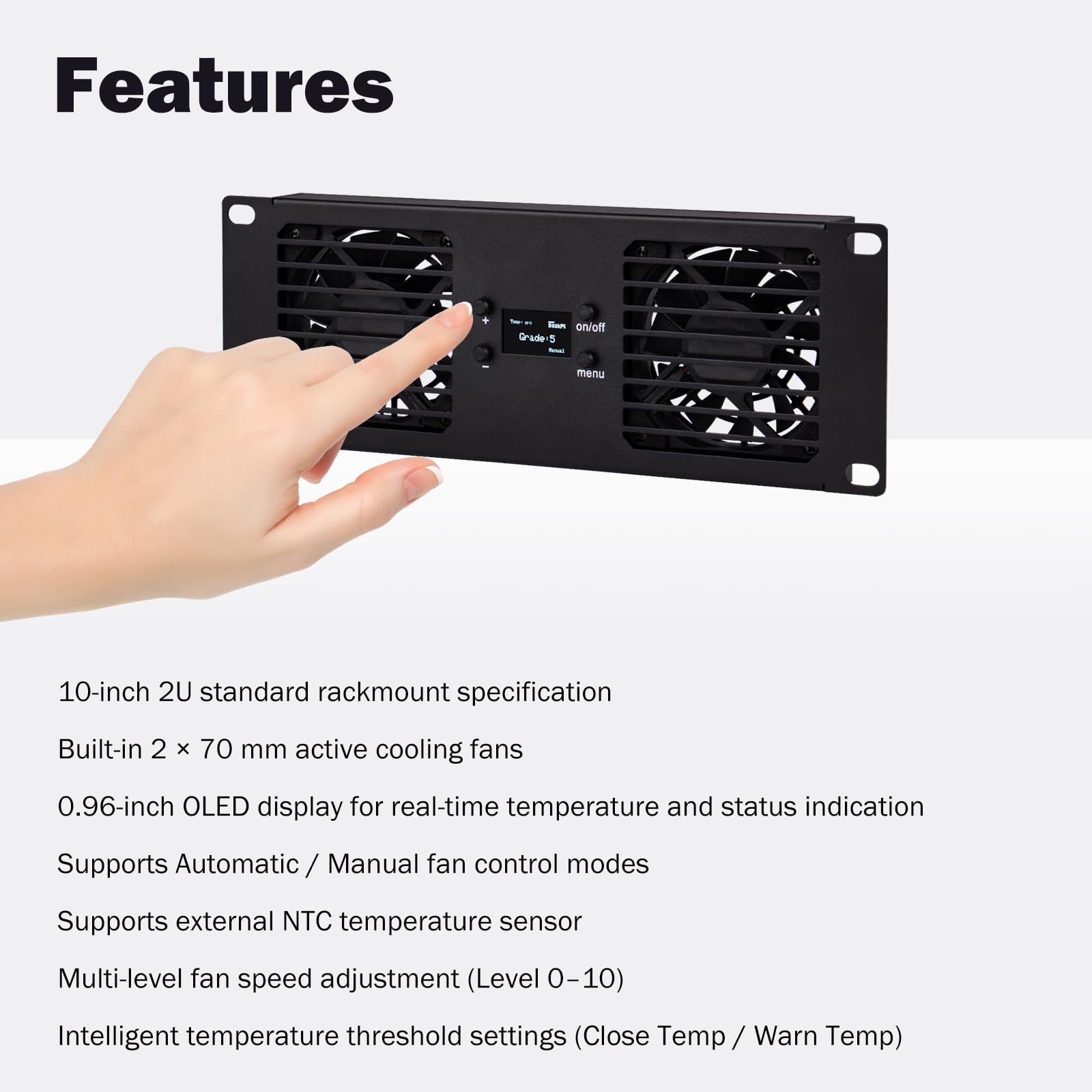 GeeekPi Panel de enfriamiento de doble ventilador de montaje en rack de 2U de 10 pulgadas con pantalla OLED y 2 ventiladores de 70 mm para racks de mini servidor de 10 pulgadas, compatible con DeskPi