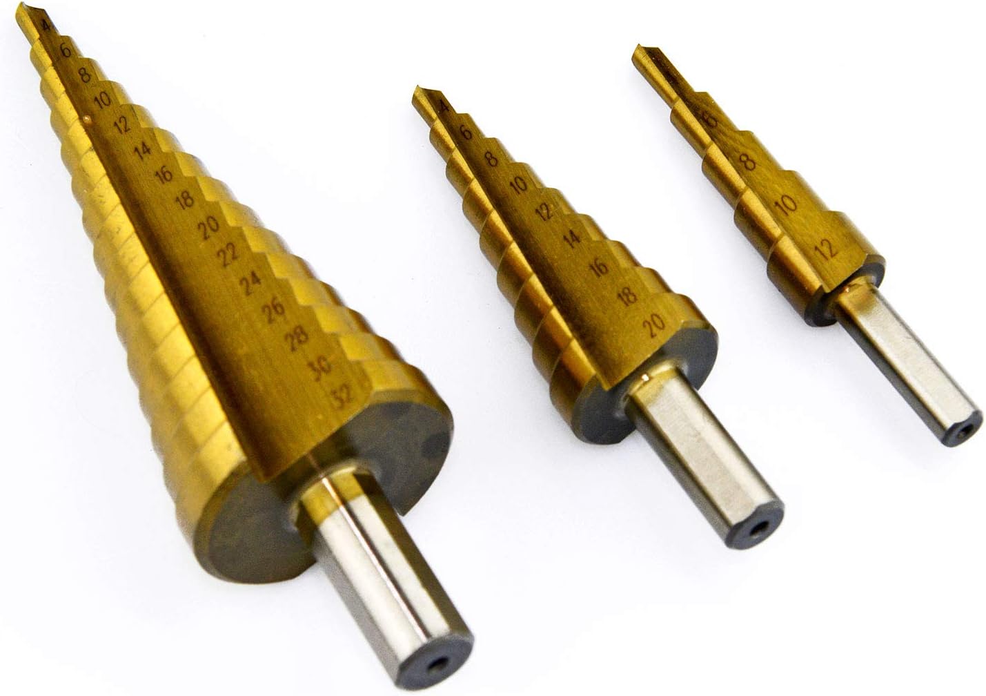 NOVOTOOLS HSS Step Cone Drill Bit Set (3 Pieces 4mm-12mm/20mm/32mm) Titanium Coated High Speed Steel and Large Hole Cutter for Wood, Stainless Steel, Sheet