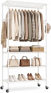 Rolling Clothes Rack for Portable Closet Organizers and Storage | Adjustable Wire Garment Rack for Hanging Clothes with Shelves, Hanging Rod & Hook, 35.4"W x 15.75"D x 70.9"H, 396LBS, White