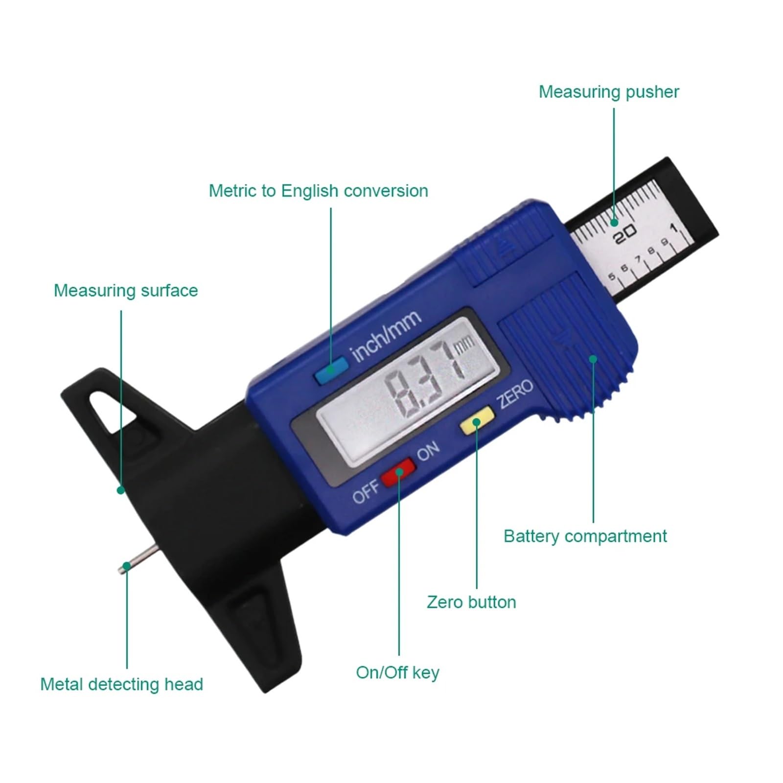 Medidor Digital De Profundidad Banda Rodadura, Neumáticos Coche Con Batería, Pantalla Grande, Detección Desgaste Automóvil, Calibrador Medición MedicióN De PrecisióN(Silver 8PCS)