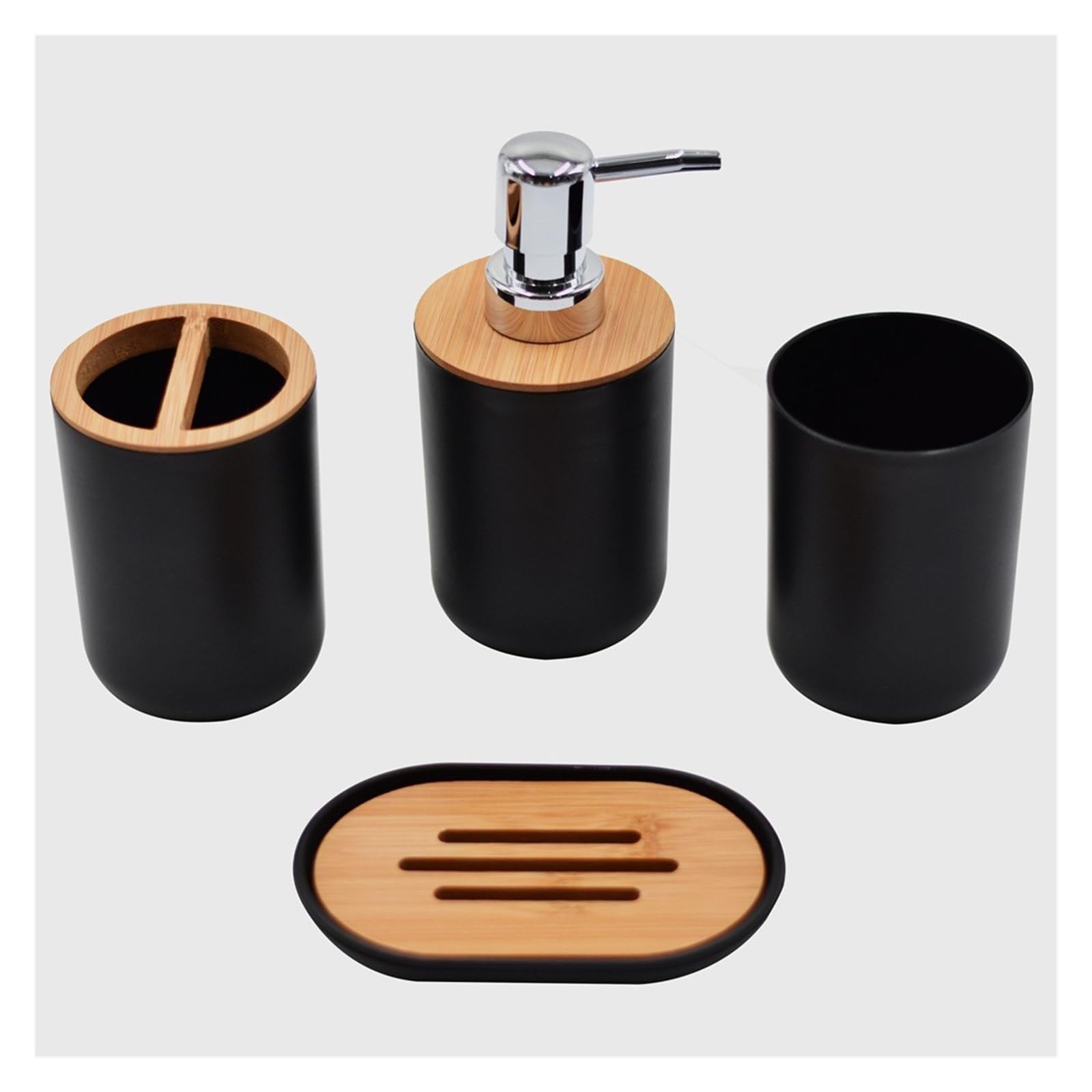 Set Dispensador Jabon Baño Juego de accesorios de baño de 4 piezas en color negro, soporte de plástico for cepillos de dientes con cubierta de bambú, vaso for cepillos de dientes, dispensador de loció