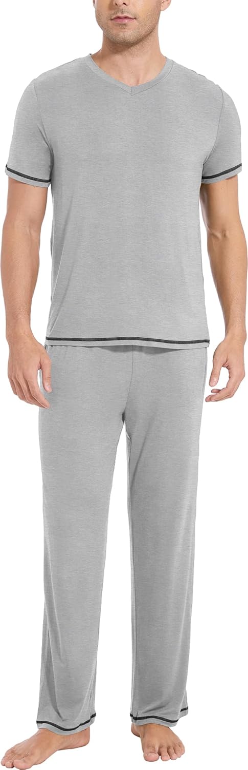 GYS Men's Pajama Sets, Viscose Made from Bamboo, Short Sleeve T-Shirt and Lounge Pants 2 Piece Pajamas for Men