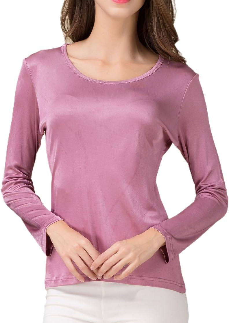 Women's Mulberry Silk Thermal Shirts Knit Silk Round Neck Top Pullover Base Layer Undershirts Blouse Tops