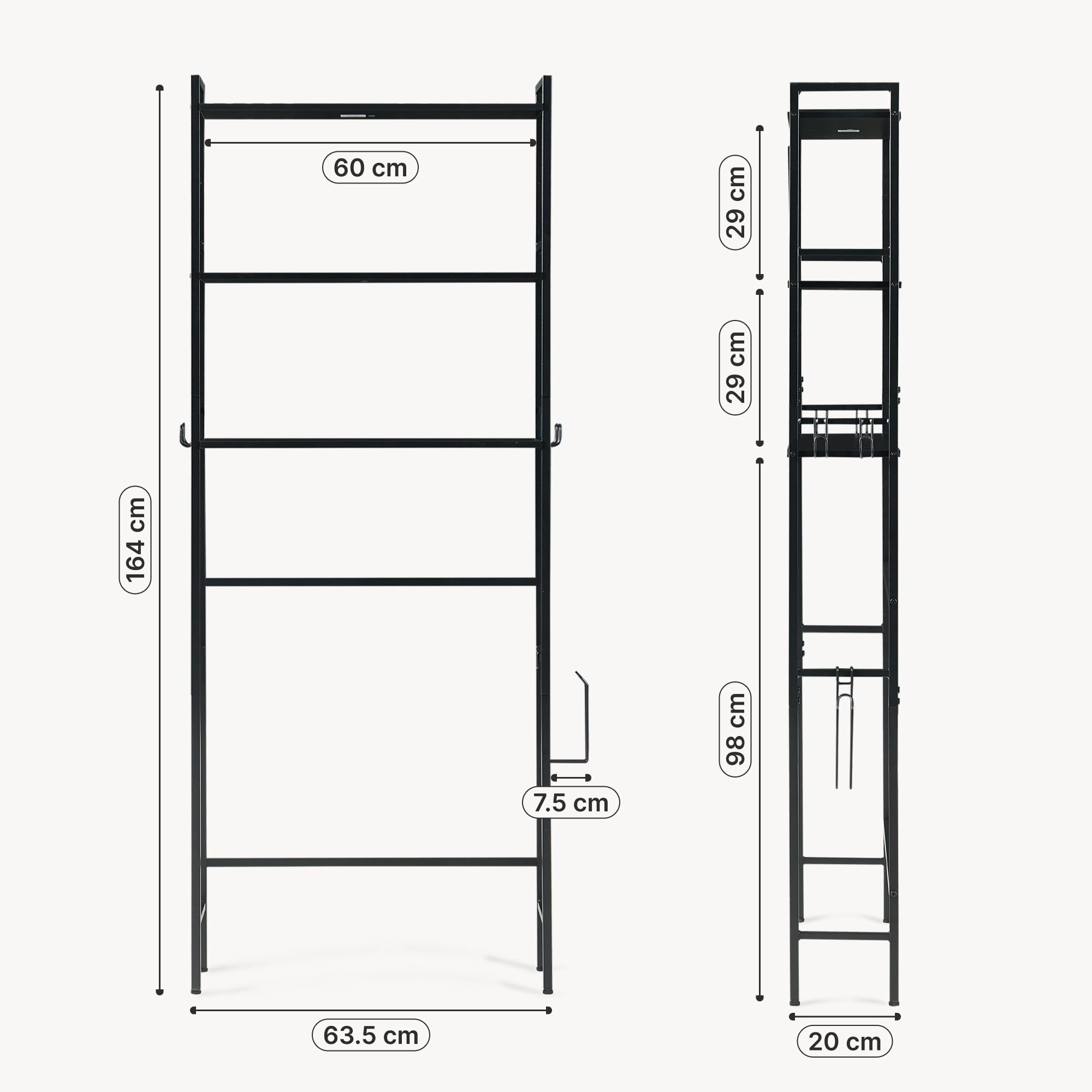 [en.casa] Mueble de Baño Ljukhobro sobre el Inodoro Estantería de Baño con 3 Estantes Armario Alto para Cuarto de Lavado Diseño Industrial 164 x 64 x 20 cm - Negro