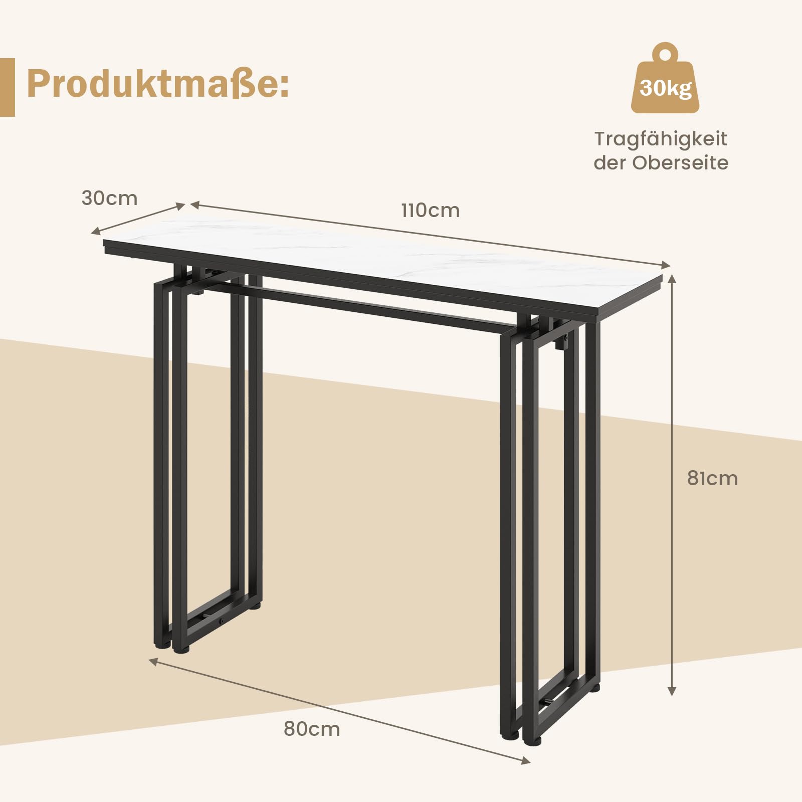 COSTWAY Konsolentisch schmal, Flurtisch Marmor Optik, Beistelltisch mit Metallrahmen, Eingangstisch modern, schmaler Tisch für Wohnzimmer & Eingang, 110 x 30 x 81 cm (Schwarz)