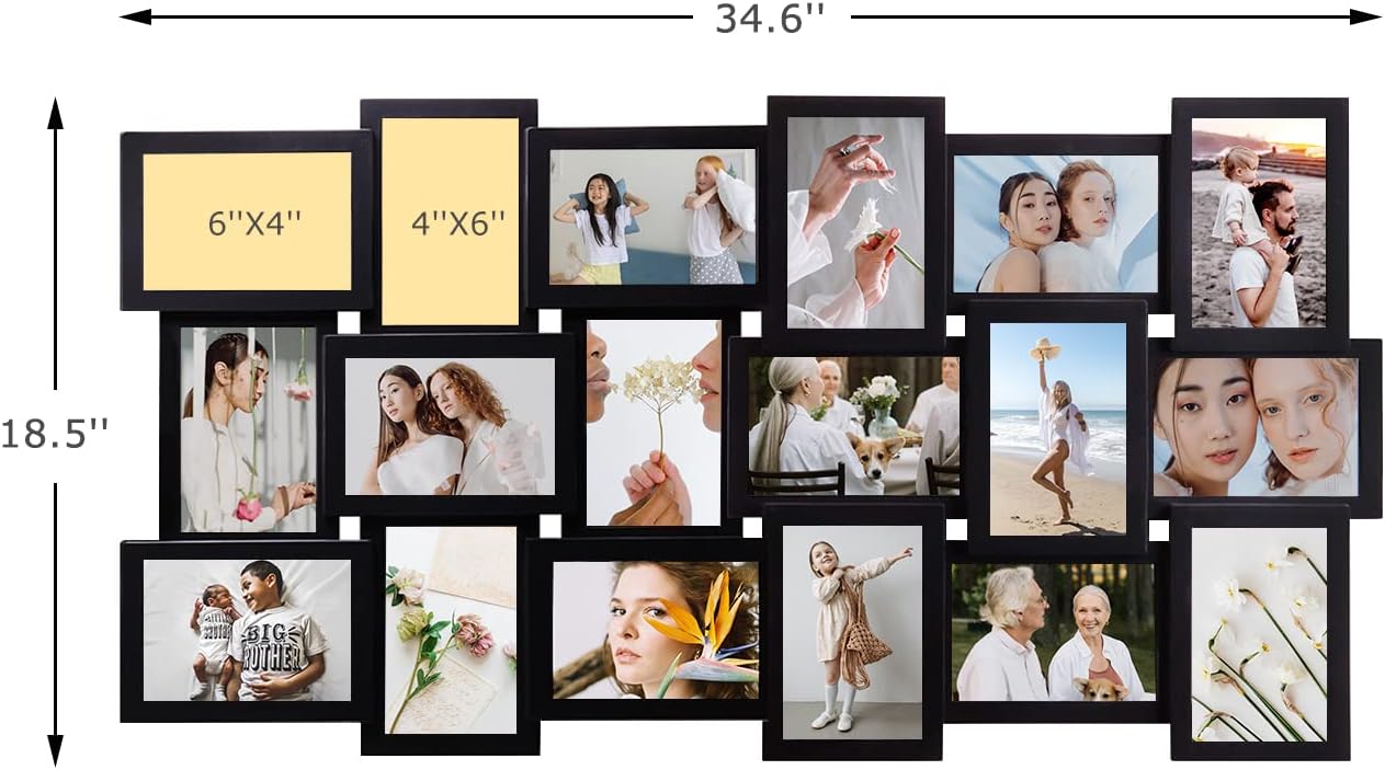 JM-Deco Picture Frames collage 18-Opening Reunion Friends Family Memory photo frames collage for wall decor Photo Frame Selfie Gallery Puzzle Collage Wall Hanging for 4x6 Photo | Black