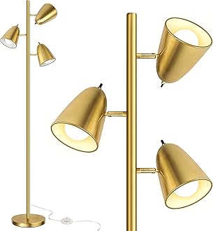 QiMH Tree Floor Lamp with 3 Light Bulbs, Standing Tall Pole Lamps for Living Room Bedroom Office, Reading Stand up Lamps with 3 Adjustable Arms, Brushed Gold